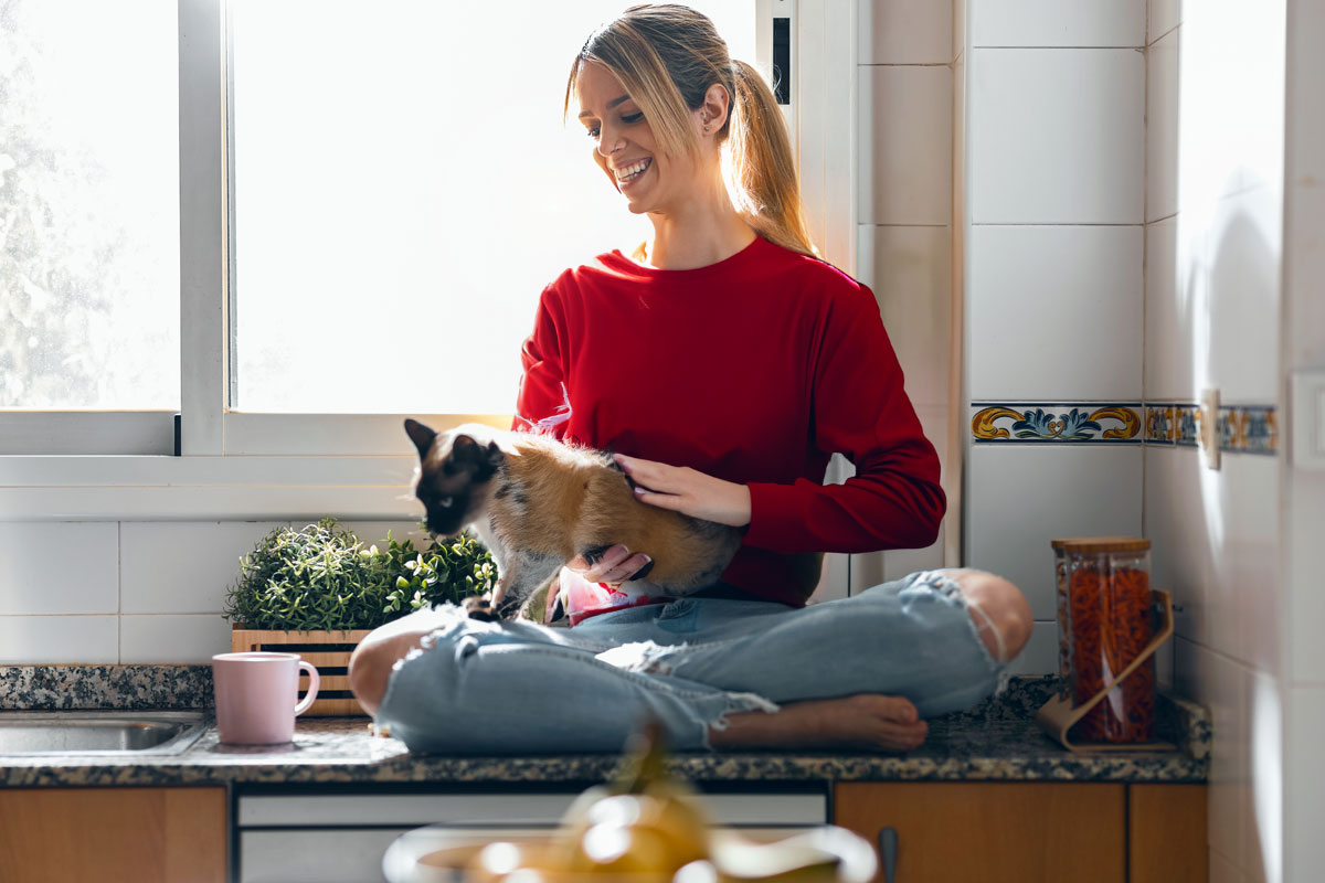 Fille avec son chat assise sur le comptoir après avoir donnée de la nourriture pour chat | PITOU MINOU & COMPAGNONS